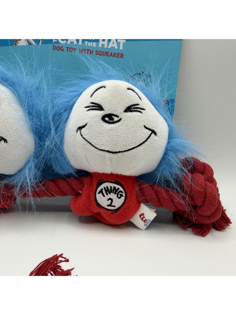 Dr Seuss The Cat in the Hat Thing 1 Thing 2 Plush Dog Toy With Squeaker Rope - Picture 3 of 10